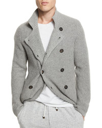 Brunello Cucinelli Double Breasted Shaker Knit Cashmere Cardigan Gray