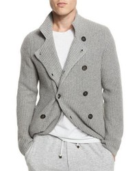 Brunello Cucinelli Double Breasted Shaker Knit Cashmere Cardigan Gray