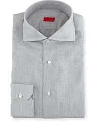 Isaia Solid Linen Cotton Dress Shirt Light Gray