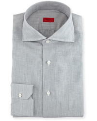 Isaia Solid Linen Cotton Dress Shirt Light Gray