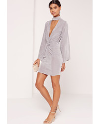 Missguided Choker Neck Knot Front Dress Grey