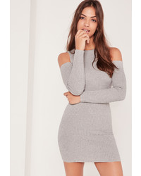 Missguided Cold Shoulder Ribbed Mini Dress Grey