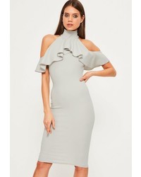 Missguided Grey High Neck Frill Cold Shoulder Dress