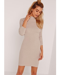 Missguided Long Sleeve Round Neck Sweater Dress Nude