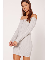 Missguided Zip Through Bardot Long Sleeve Mini Dress Grey