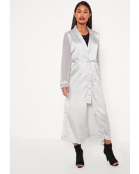 Missguided Grey Satin And Chiffon Mixed Belted Duster Coat