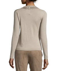 Ralph Lauren Collection Embellished Jewel Neck Cashmere Sweater Oatmeal
