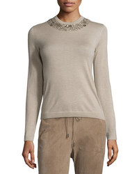 Ralph Lauren Collection Embellished Jewel Neck Cashmere Sweater Oatmeal
