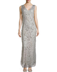 Philosophy di Alberta Ferretti Beaded And Studded V Neck Gown Gray