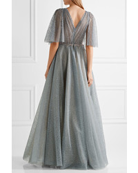 Marchesa Embellished Flocked Glittered Tulle Gown Gray