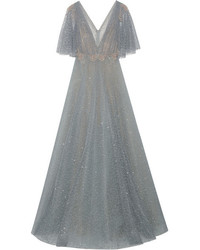 Marchesa Embellished Flocked Glittered Tulle Gown Gray
