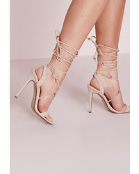 Missguided Embellished Lace Up Heeled Sandals Nude