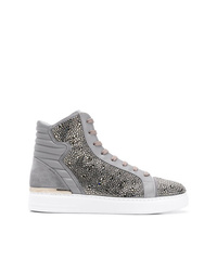 Grey Embellished Leather High Top Sneakers