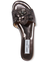 Jimmy Choo Neave Crystal Embellished Appliqud Metallic Leather Sandals Charcoal