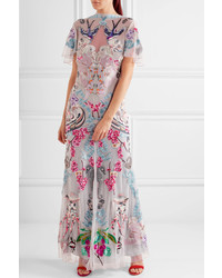 Temperley London Long Sail Embellished Embroidered Tulle And Crepe De Chine Gown Gray