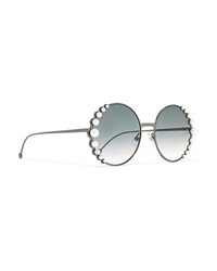 Fendi Faux Pearl Embellished Round Frame Gunmetal Tone Sunglasses