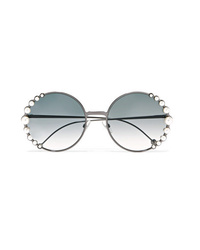 Fendi Faux Pearl Embellished Round Frame Gunmetal Tone Sunglasses