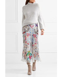 Temperley London Sail Embellished Embroidered Tulle And Crepe De Chine Skirt Gray