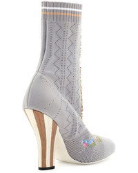 Fendi Embroidered Knit 100mm Bootie Gray