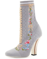 Fendi Embroidered Knit 100mm Bootie Gray