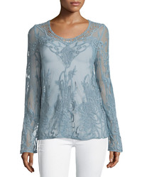 Neiman Marcus Embroidered Mesh Long Sleeve Top Shale