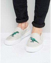 Asos Slip On Sneakers In Gray Canvas With Dinosaur Embroidery