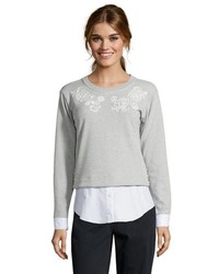 Marchesa Voyage Heather Grey And White Embroidered Long Sleeve Poplin Inset Sweatshirt
