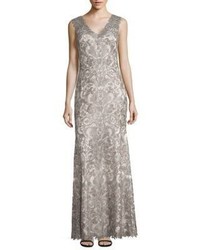 Grey Embroidered Lace Evening Dress