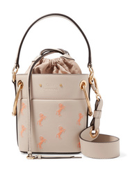 Grey Embroidered Leather Bucket Bag