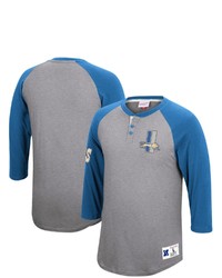 Mitchell & Ness Heathered Gray Detroit Lions Historic Logo Ultimate Play 34 Sleeve Raglan Henley T Shirt
