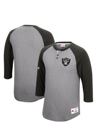 Mitchell & Ness Heathered Gray Las Vegas Raiders Historic Logo Ultimate Play 34 Sleeve Raglan Henley T Shirt