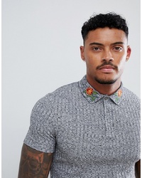 ASOS DESIGN Muscle Fit Polo In Twisted Rib Fabric With Rose Collar Embroidery Marl