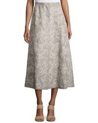 Lafayette 148 New York Embroidered Linen Midi Skirt Gray