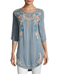 Johnny Was Sindri Georgette Long Embroidered Tunic Top