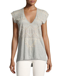 Grey Embroidered V-neck T-shirt