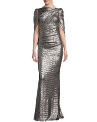 Talbot Runhof Konica Sequined Cape Back Gown Stone