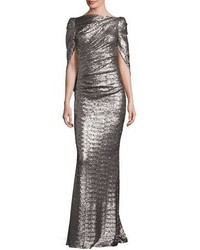 Talbot Runhof Konica Sequined Cape Back Gown Stone