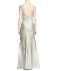 Herve Leger Sophia Woodgrain Metallic Foil Gown