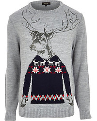 River Island Grey Christmas Stag Sweater
