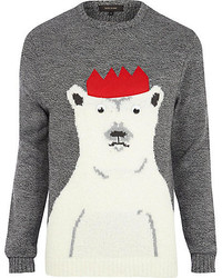 River Island Grey Polar Bear Christmas Sweater