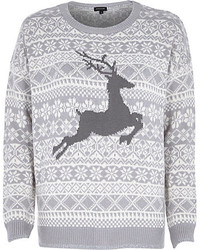 River Island Grey Reindeer Knitted Christmas Sweater