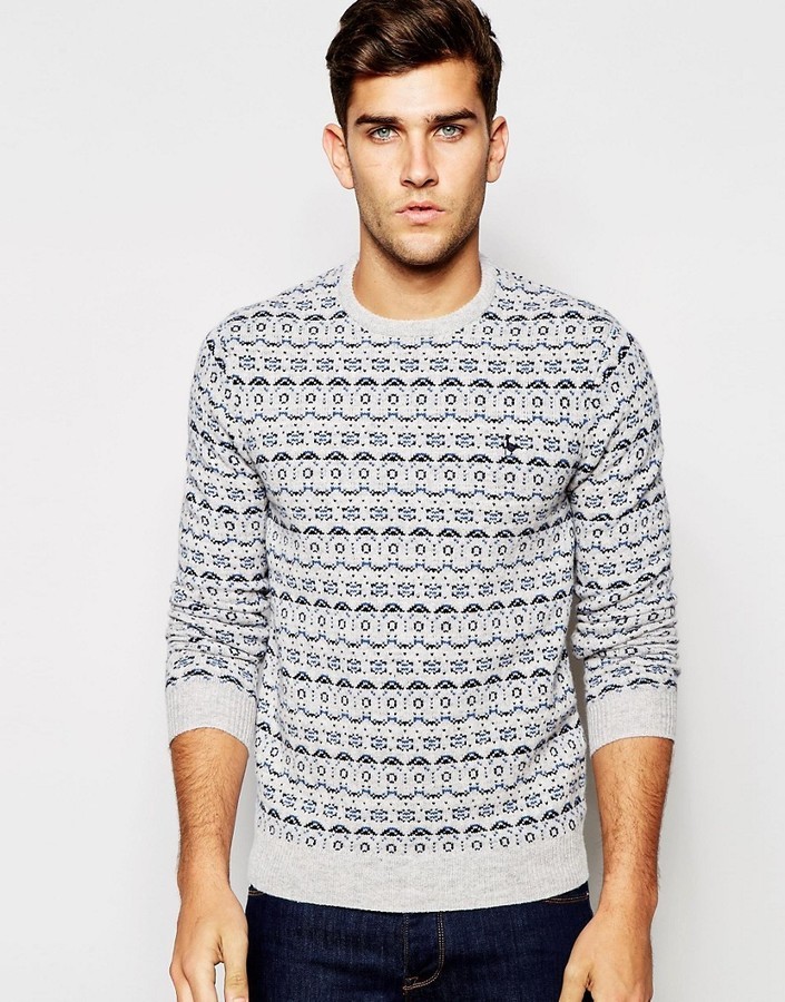 Jack Wills Fair Isle Sweater In Lambswool With Crew Neck In Gray, $67 ...