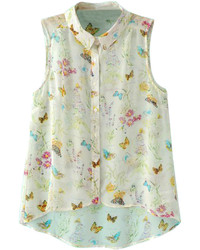 Choies Beige Butterfly And Floral Print Chiffon Shirt