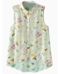 Choies Beige Butterfly And Floral Print Chiffon Shirt
