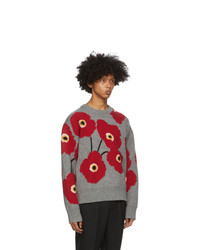 AMI Alexandre Mattiussi Grey And Red Jacquard Flowers Sweater