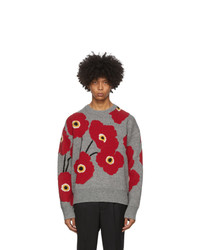 AMI Alexandre Mattiussi Grey And Red Jacquard Flowers Sweater