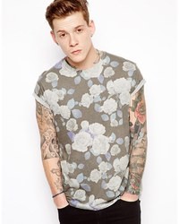 Asos Brand T Shirt With All Over Floral Print And Roll Sleeve