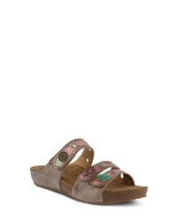 Grey Floral Leather Flat Sandals