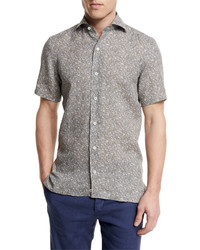 Grey Floral Linen Short Sleeve Shirt