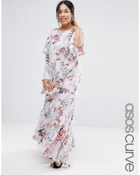 Asos Curve Curve Cold Shoulder Long Sleeve Ruffle Maxi Dress In Gray Floral